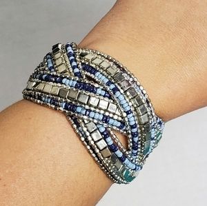 Wide Blue Silver Tone Bead Braided Cuff Bracelet